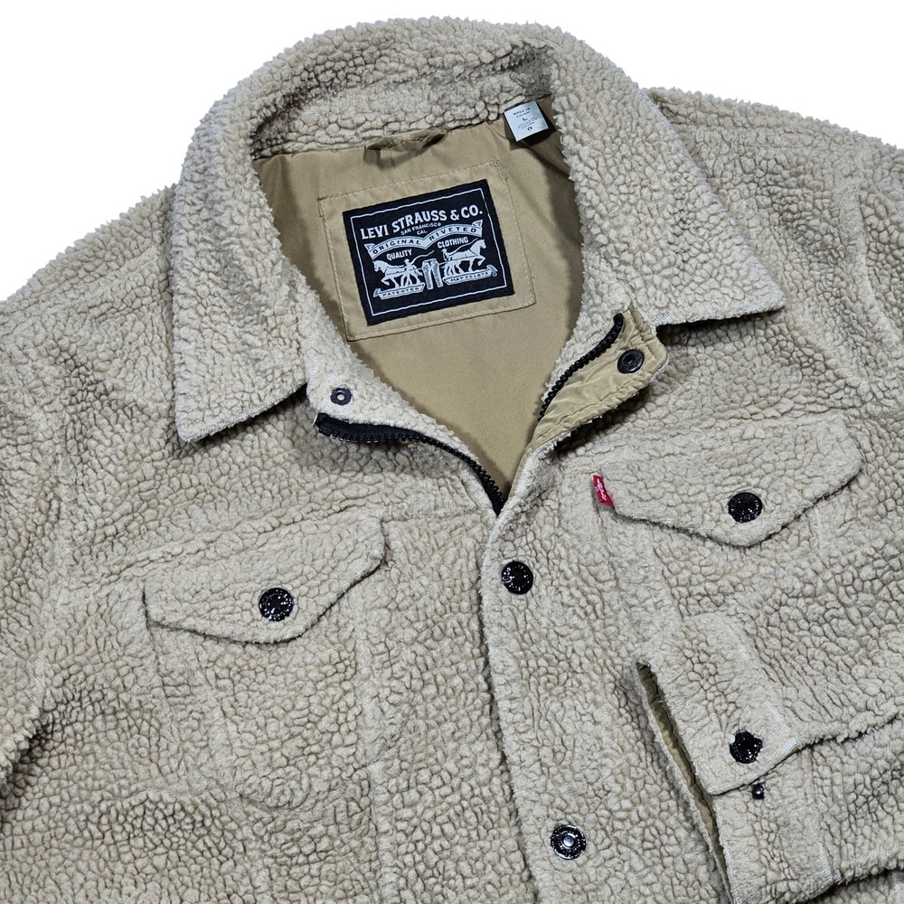 Levi Strauss Sherpa Trucker Jacket Mens L Tan Fleece Outdoor Cabincore Winter
